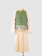 Front view of a green jacquard vest with khaki rabbit-fur trim and panda embroidery at the hem