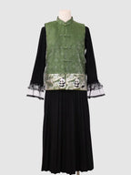 Front view of the green jacquard vest, no fur trim and no padded lining version