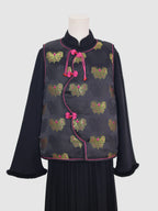 Half front view of butterfly pattern vest with curved wave-front design